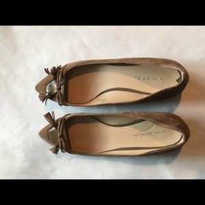 Taupe suede/patent leather flats. Never worn.